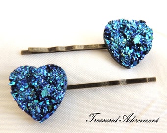 Metallic Blue Druzy Heart Bobby pins, Vintage Style Hair pins set of 2, Wedding, Something Blue Hair Accessories, Thank you gift, Prom Hair