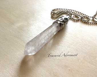 Quartz Crystal Pendant, Crystal Point Pendant Necklace, Long Necklace, Gemstone Necklace, Thank you gift, Healing, Something Blue, Present