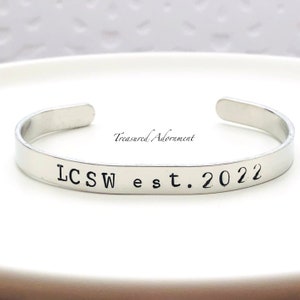 LCSW Bracelet, Hand Stamped 1/4" Cuff Bracelet, Social Worker gift, Thank you, LMFT Gift, Therapist gift, Therapist gift, unisex bracelet