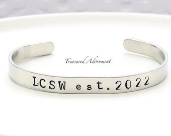 LCSW Bracelet, Hand Stamped 1/4" Cuff Bracelet, Social Worker gift, Thank you, LMFT Gift, Therapist gift, Therapist gift, unisex bracelet