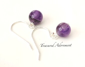 Amethyst Drop Earrings, Sterling Silver, 8mm, February Birthstone, Birthstone Earrings, Bridesmaids Earrings, Eid gift, Thank you gift