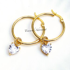 Heart Earrings, Hoop Earrings, Clear Heart Cubic Zirconia, 18K Gold Plated Hoop Earrings, Gold Earrings, Birthday, 30 mm, Valentine&#39;s Day