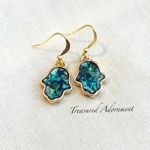 Hamsa Earrings, Avalon shell earrings, Gold tone, Hand of Fatima Earrings, Evil Eye protection, Ramadan, Eid gift, Birthday gift