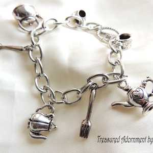 Tea Party Charm Bracelet, Food charm bracelet, Silver, Chef, Spoon Fork, Kettle, Teapot, Coffee Tea cup Charm Bracelet, Alice in Wonderland