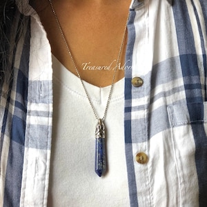 Lapis Lazuli Pendant, Crystal Point Pendant Necklace, Long Necklace, Gemstone Necklace, Thank you gift, Healing, Something Blue Fall Jewelry