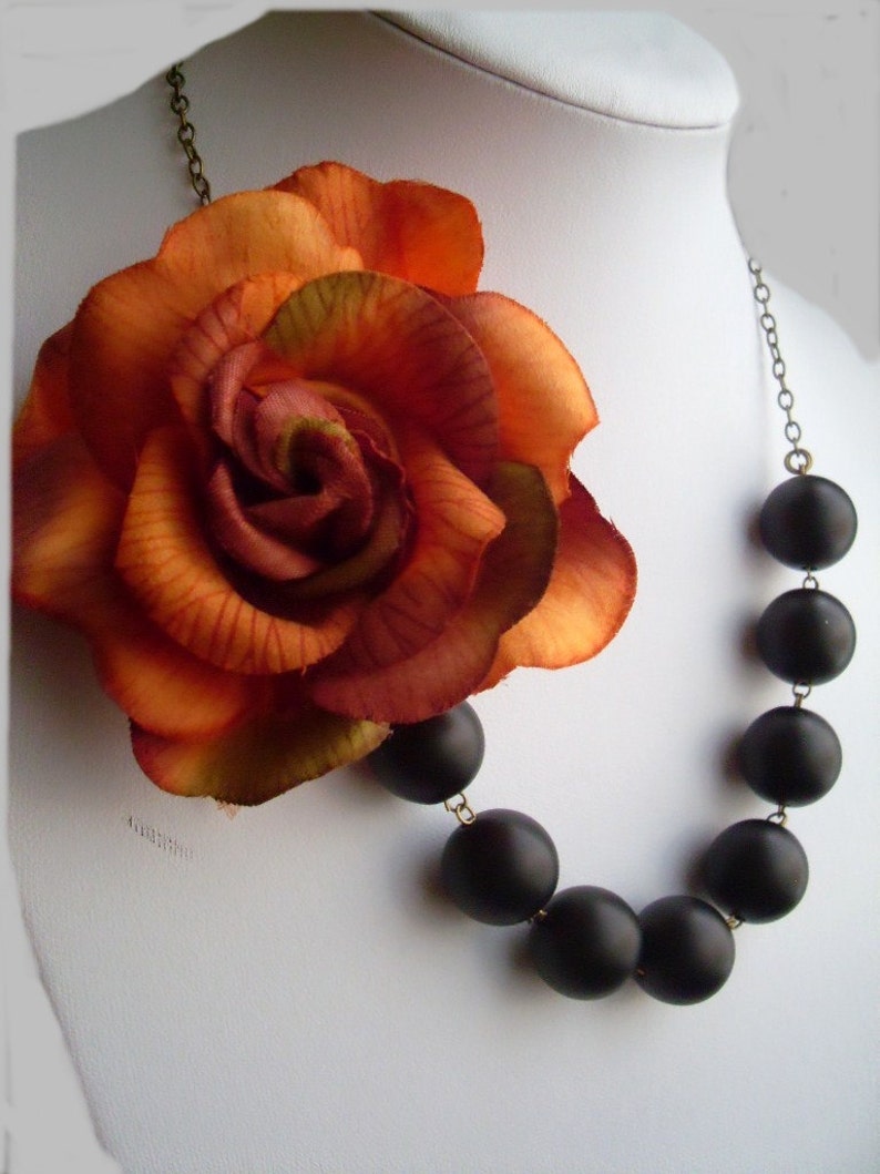 Burnt Orange Rose and Matte Black Glass Pearl Asymmetrical Statement Necklace, Wedding, Bridesmaid necklace, flower necklace image 2