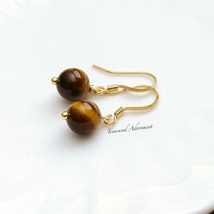 Pu&ograve; includere: Un paio di orecchini color oro con perline rotonde di occhio di tigre marrone. Gli orecchini hanno un semplice design a gancio e il testo "Treasured Adornment" &egrave; visibile.
