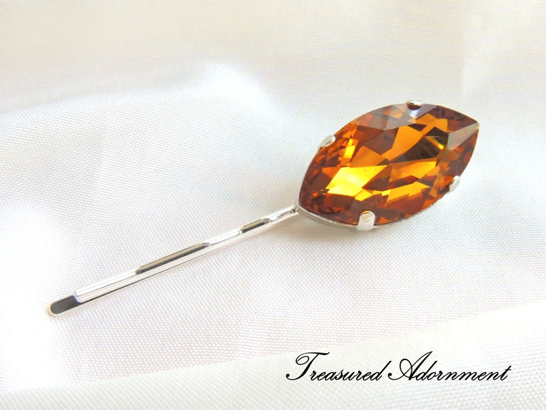 Burnt Orange Marquis Rhinestone Hair Pin, Orange Rhinestone, Silver Pin ...