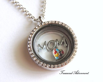 Autism Mom Necklace, Autism Awareness Jewelry, Floating Locket Necklace, Puzzle Heart, Mother's day gift for mom, Autism Acceptance, April