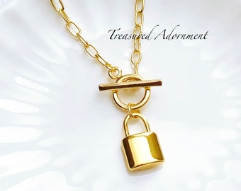 Toggle Necklace, Lock necklace, 18K Gold plated Necklace, Padlock Necklace