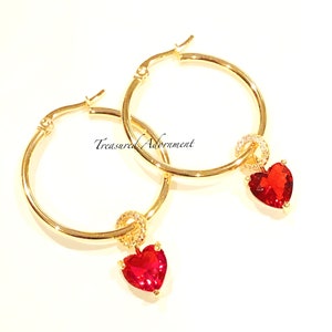 Heart Earrings, Hoop Earrings, Red Heart Cubic Zirconia, 18K Gold Plated Hoop Earrings, Gold Earrings, Birthday gift, 30 mm, Valentine&#39;s Day