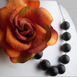 Burnt Orange Rose and Matte Black Glass Pearl Asymmetrical Statement Necklace, Wedding, Bridesmaid necklace, flower necklace image 3