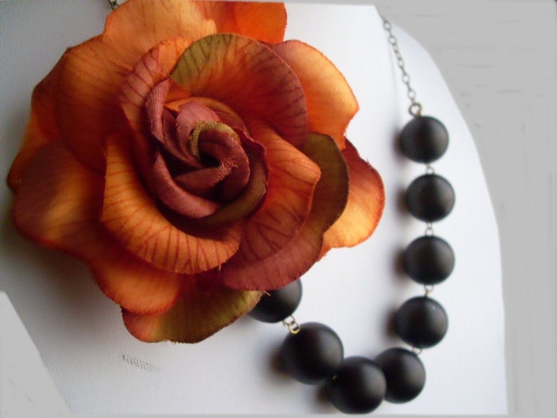 Burnt Orange Rose and Matte Black Glass Pearl Asymmetrical Statement Necklace, Wedding, Bridesmaid necklace, flower necklace image 3