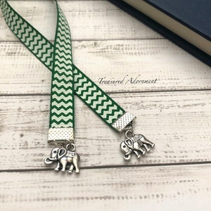 Bookmark, Petit Elephant Bookmark, Antiqued Silver, Vintage style Bookmark, Dark Green Chevron Ribbon, Planner Accessories, India, Ethnic