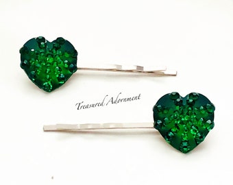 Emerald Heart Bobby pins, Valentine's day Hair pins, Rhinestone Heart, Heart Hair clips, Children's Hair Accessory, Valentine Outfit