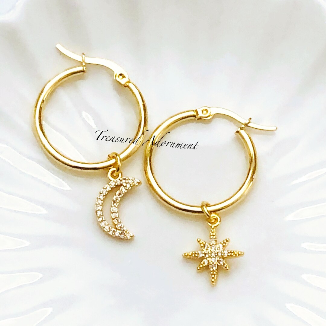 Rhodium Plated Moon and Star Charm Hoop Earrings main image 0