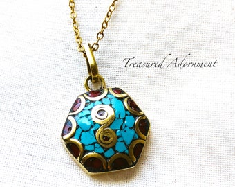 Tibetan Necklace, Tibetan Brass Pendant Small, Hexagon, Turquoise and Coral Mosaic Inlay Statement Necklace, Raw Brass, Mother's Day gift