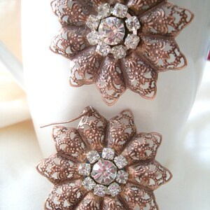 Antiqued Copper Filigree Flower Earrings with Rhinestones, Rustic Vintage style Wedding, Bridal earrings, Bridesmaid earrings holiday gift image 2