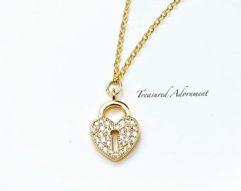 Heart Lock Necklace, 18K Gold Plated Necklace, Cubic