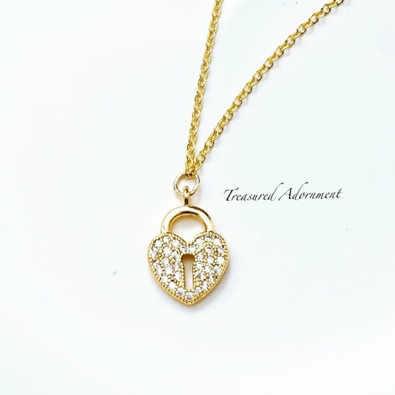 Gold Heart Lock Necklace: Cubic Zirconia Padlock Pendant - Etsy