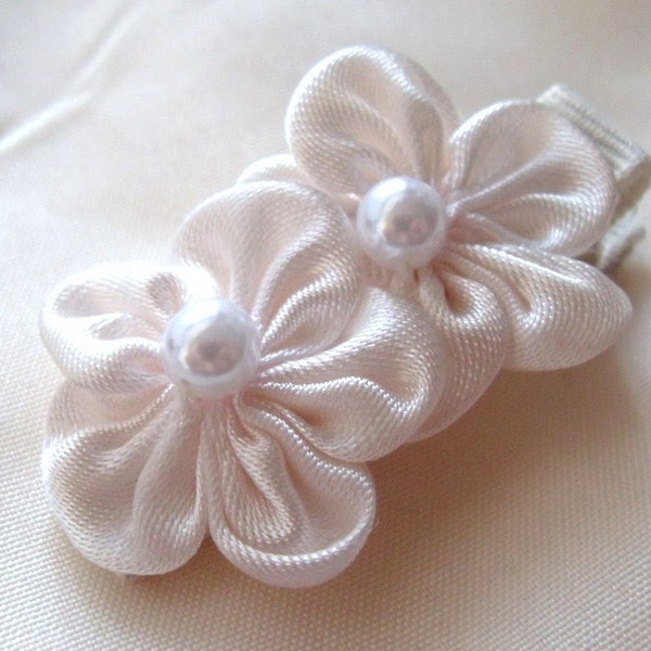 White Satin Flowers Hair Clip with pearls, Flower Hair Clippie for Babies Children, Baby Hair accessory, Party favor, New born photo shoot