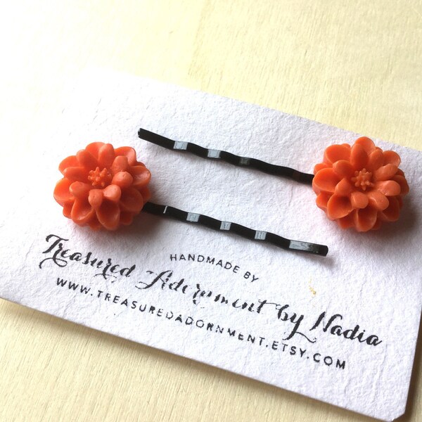 READY TO SHIP, Halloween Hair pins, Orange Mum Flower Hair pins, Black Bobby pins, children baby hair accessories, Costumes, Hair pins