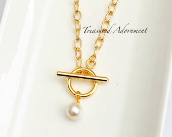 Pearl Necklace, 18K Gold plated Necklace, Toggle Necklace, Pearl Drop Necklace, Austrian Crystal Pearl Necklace