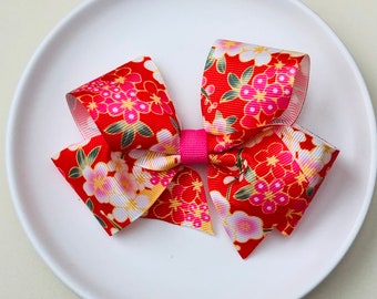 Japanese print  Hair Bow, Red Bow, 4 inch, 5 inch, Boutique Bow, Baby Headband, Bow Headband, Baby Headband, Hair accessory, Easter Hair Bow