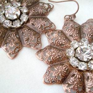 Antiqued Copper Filigree Flower Earrings with Rhinestones, Rustic Vintage style Wedding, Bridal earrings, Bridesmaid earrings holiday gift image 4