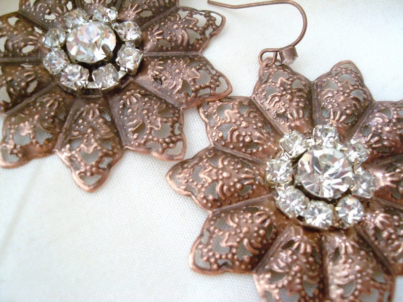 Antiqued Copper Filigree Flower Earrings with Rhinestones, Rustic Vintage style Wedding, Bridal earrings, Bridesmaid earrings holiday gift image 4