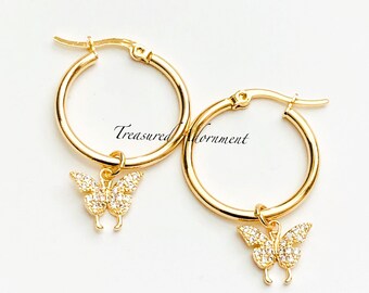 Butterfly Earrings, Hoop Earrings, 18K Gold Plated Hoop Earrings, Butterfly Jewelry, Cubic Zirconia, Gold Earrings, Birthday gift, 23mm Hoop