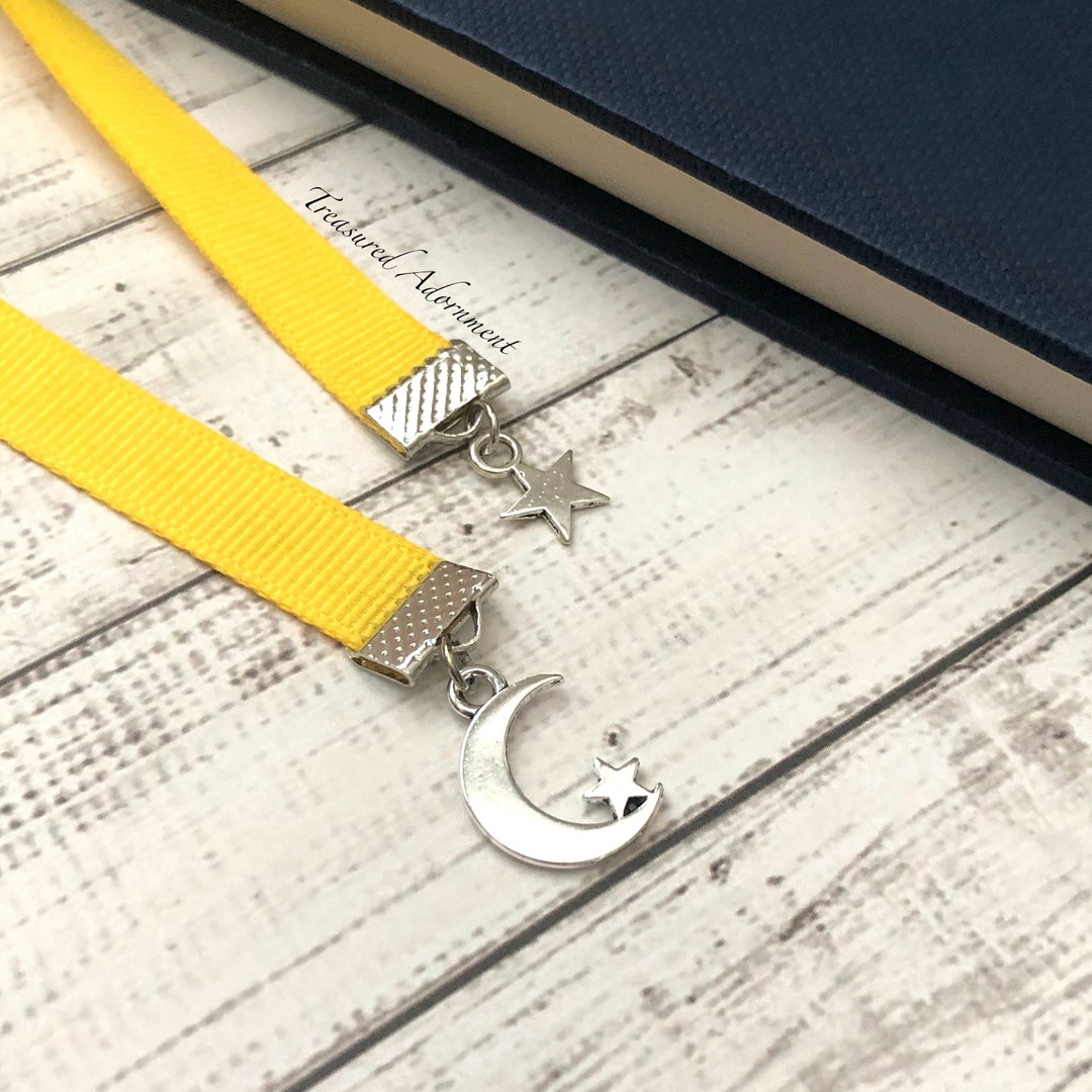 Bookmark, Crescent Moon and Star Bookmark, Silver, Yellow Ribbon