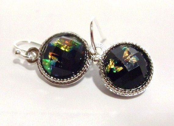 Opal in MidNight Sky Earrings, ROUND, Bridesmaids Earrings, Birthday gift Thank you gift, Holiday gift, Black Opal Earrings