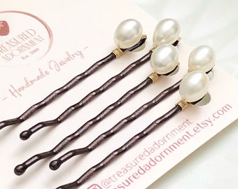 Pearl Hair pins, WHITE Freshwater Pearl  Bobby pins, Brown pins, Set of 5, Wedding, Bridal Bridesmaids, Flower Girl hair pins, Brunette