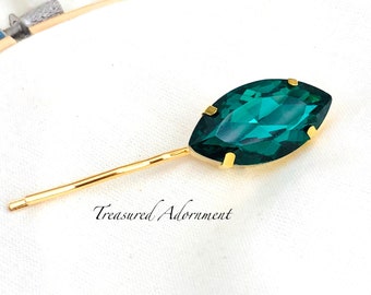 Emerald Rhinestone Bobby Pin, gold pin, Emerald Marquis Rhinestone, Gold Hair pin, wedding hair accessory, Prom Hair pins, Emerald Green