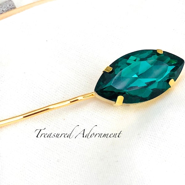 Emerald Rhinestone Bobby Pin, gold pin, Emerald Marquis Rhinestone, Gold Hair pin, wedding hair accessory, Prom Hair pins, Emerald Green