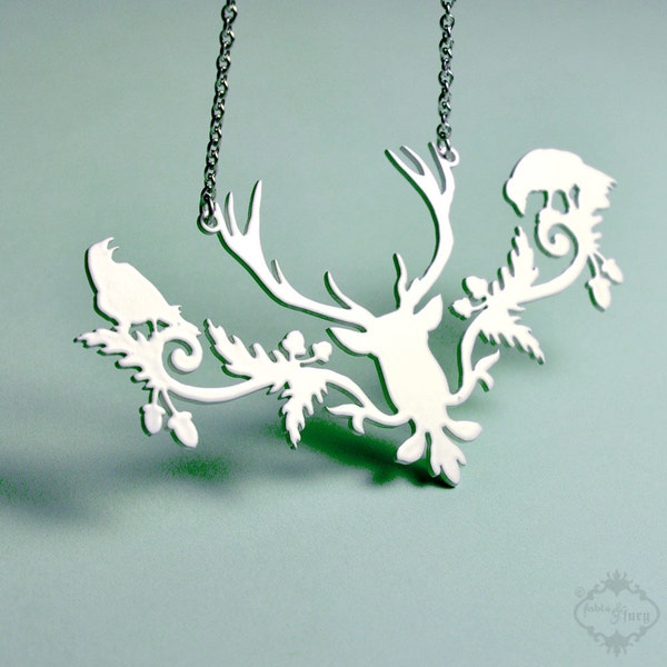 Woodland deer statement necklace in bone white stainless steel - lacey off white bird wedding jewelry