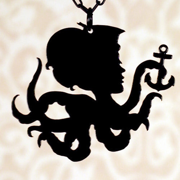 Girl Octopus necklace in black stainless steel - large nautical pendant, hybrid tentacle jewelry