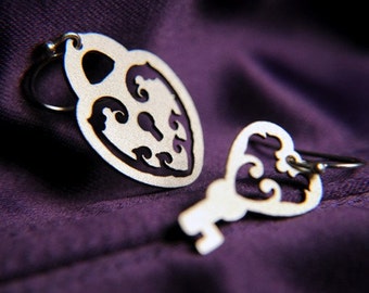 Silver Lock and Key Earrings in stainless steel - skeleton key jewelry and padlock earring, heart lock and key jewelry