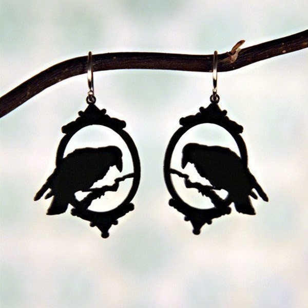 Halloween Earrings - Victorian Raven earrings in black stainless steel - bird cameo earrings silhouette jewelry