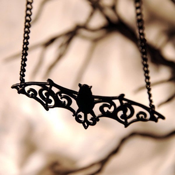 Filigree Bat necklace in black stainless steel - bat pendant - gothic necklace - black bat jewelry