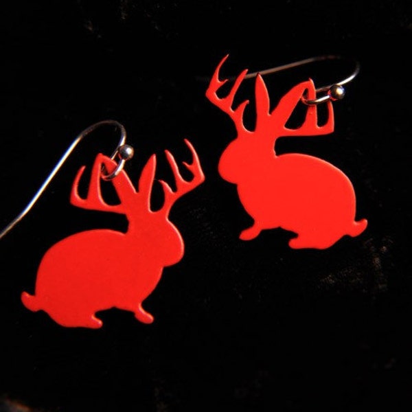 Jackalope silhouette earrings in red stainless steel - woodland bunny jewelry