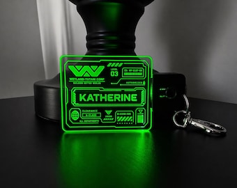 Llavero Weyland-Yutani – Insignia de identificación LED RGB inspirada en Aliens – Tarjeta de acceso cyberpunk con nombre personalizado, llavero acrílico con iluminación perimetral, regalo para gamers de ciencia ficción