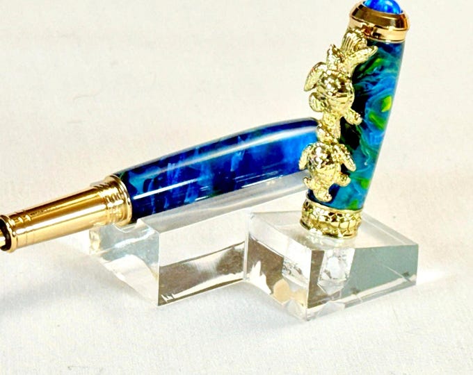 Handmade Sea Turtle Rollerball or Fountain Pen: 24k Gold, Fire Opal, Ocean Mist Acrylic