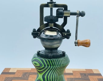 Handmade Wood Pepper Mill, Vintage Style, Steampunk, Green Hornet Spectraply Wood Handcrafted by ASH Woodshops.  Makes an awesome gift