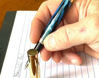 Rollerball Pen - Blue Acrylic & 10K Gold Trim -  Handcrafted By ASHWoodshops