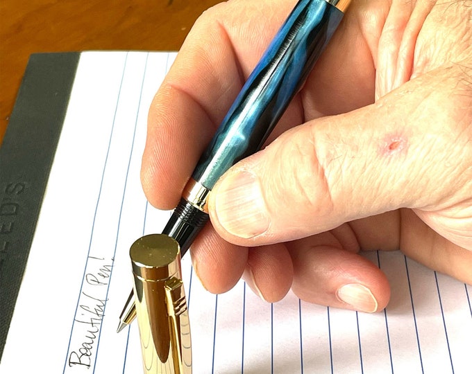 Rollerball Pen - Blue Acrylic & 10K Gold Trim -  Handcrafted By ASHWoodshops