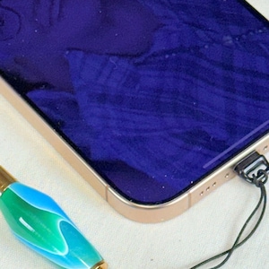 Mini Smartphone Stylus Charm: Blue Green Swirl Acrylic, 24k Gold Trim