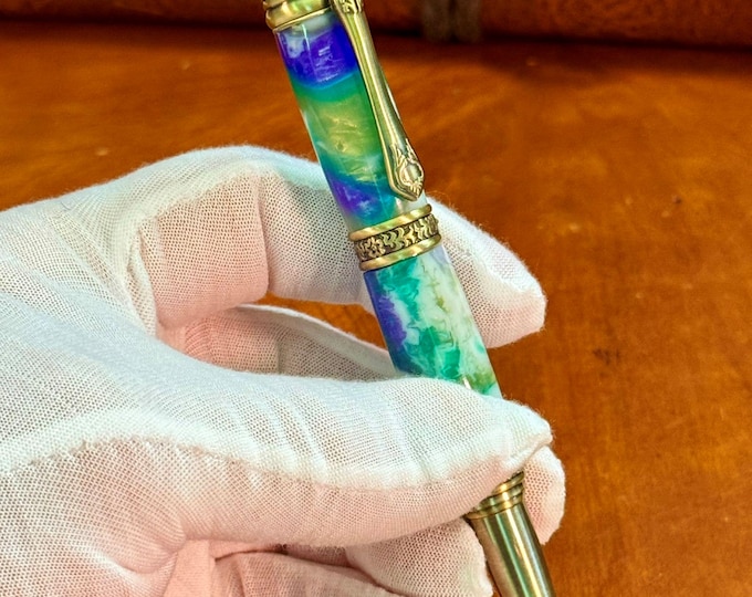 Handmade Victorian Style Ballpoint Pen: Wildflower Acrylic, Antique Brass
