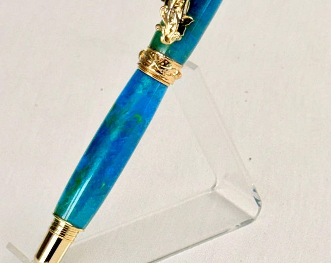 Dolphin Sea Pen Handmade Rollerball: Ocean Mist Acrylic, 24K Gold trim